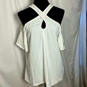 EUC Limelush white cold shouldered blouse with criss-cross detail S